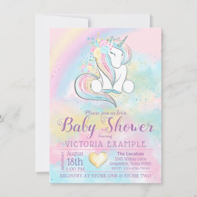 Enhörning Regnbåge Baby Shower Inbjudningar (Framsida)