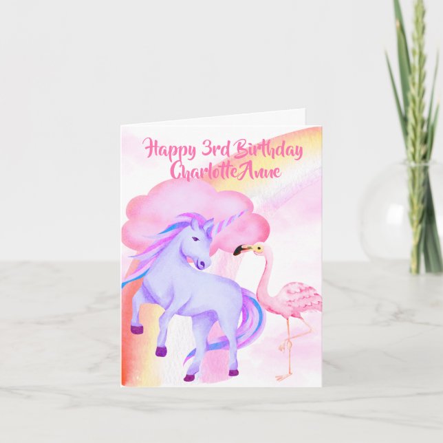 Enhörning Regnbåge Flamingo Flickor 3-årsdag Kort (Framsida)