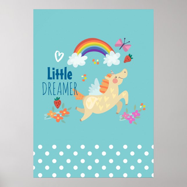 Enhörning Regnbåge Moln och Blommor Lille Drömmare Poster (Framsidan)