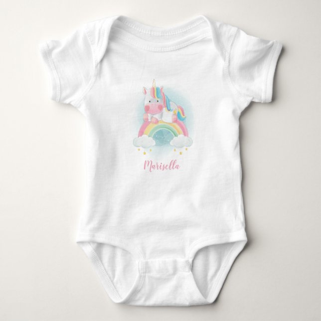 Enhörning Regnbåge Namn Personlig Baby Bodysuit T Shirt (Framsida)