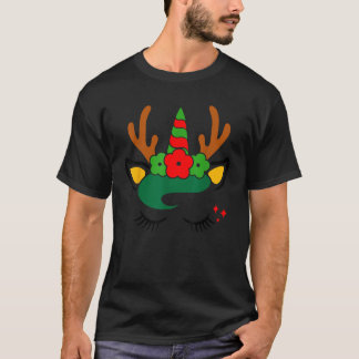 Enhörning Ren Ansikte med Blommor Krans Söt Jul T Shirt