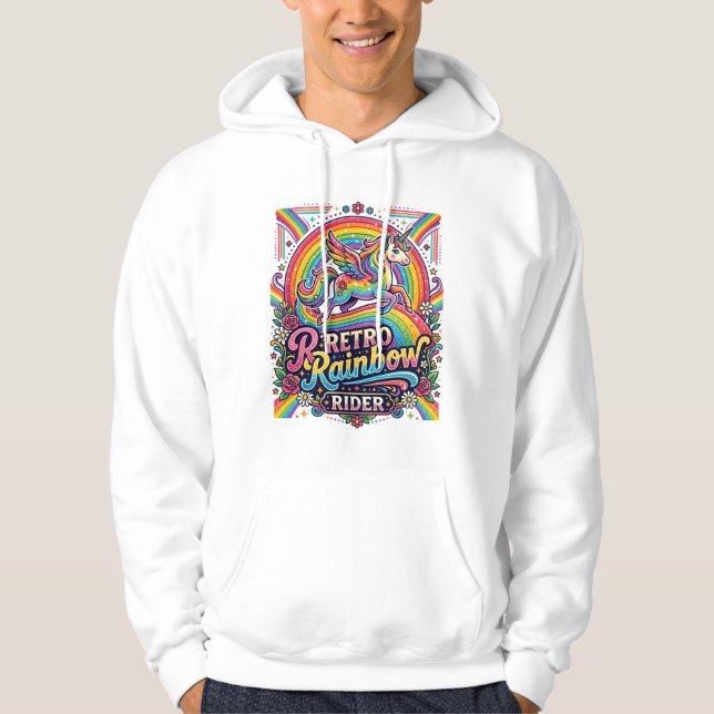Enhörning Retro Regnbågsryttare Hoodie (Framsida)