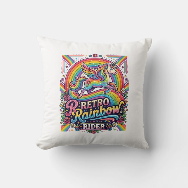 Enhörning Retro Regnbågsryttare Kudde (Framsida)