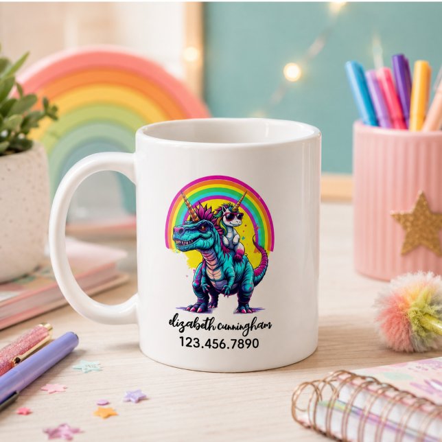 Enhörning Ridning Dinosaur Regnbåge Namn skola Kaffemugg (Unicorn Riding Dinosaur Rainbow Name school Coffee Mug)