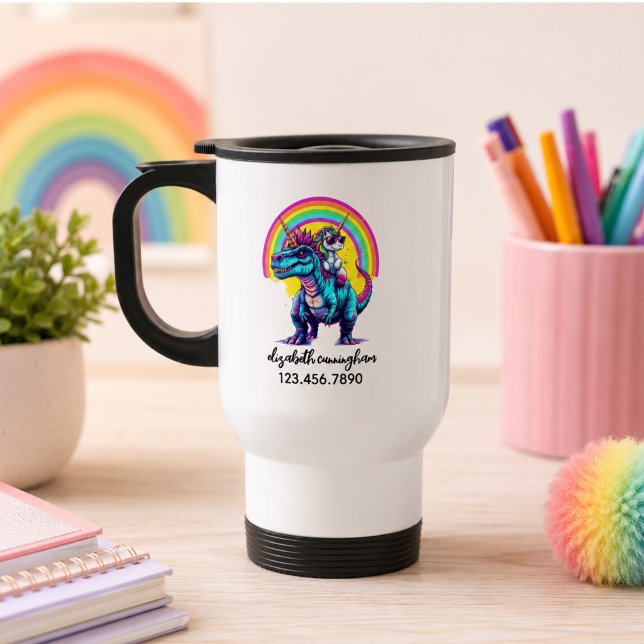 Enhörning Ridning Dinosaur Regnbåge Namn skola Resemugg (Unicorn Riding Dinosaur Rainbow Name school Travel Mug)