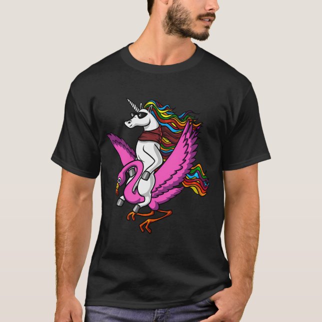 Enhörning Ridning Flamingo Fågel T Shirt (Framsida)