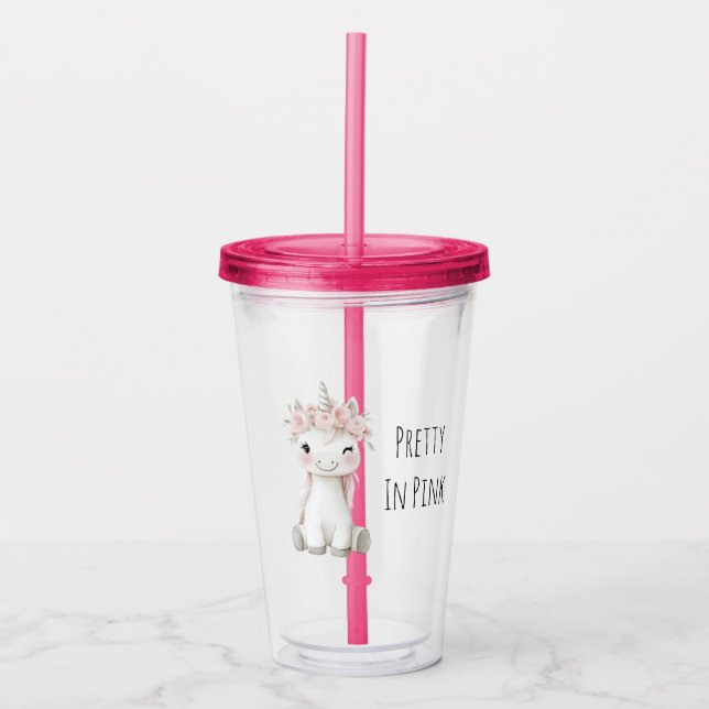 Enhörning Rosa Blommor Take Away Mugg (Framsida)