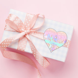 Enhörning rosa glitter iriserande roséguld födelse hjärtformat klistermärke