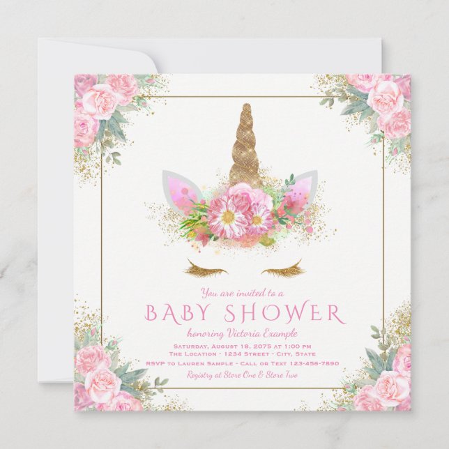 Enhörning Rosa Guld Bebis Baby Shower Inbjudningar (Framsida)
