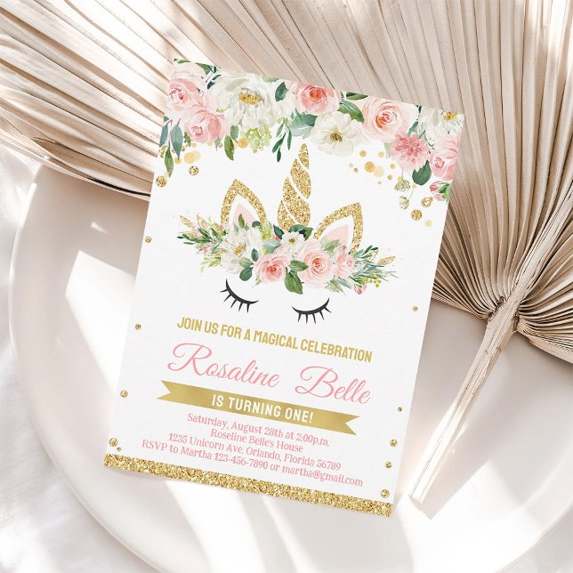 Enhörning Rosa Guld Blommig Flickas Födelsedagsinb Inbjudningar (Skapare uppladdad)