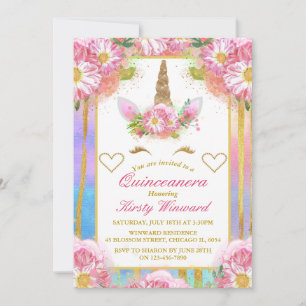 Enhörning Rosa Guld Quinceañera Inbjudningar