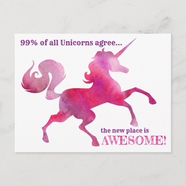 Enhörning Rosa Lila Akvarell Ny Adresskort Meddelande Vykort (Framsida)