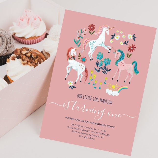Enhörning rosa söta magiska flickor första födelse inbjudningar (Unicorn pink birthday party invitation)