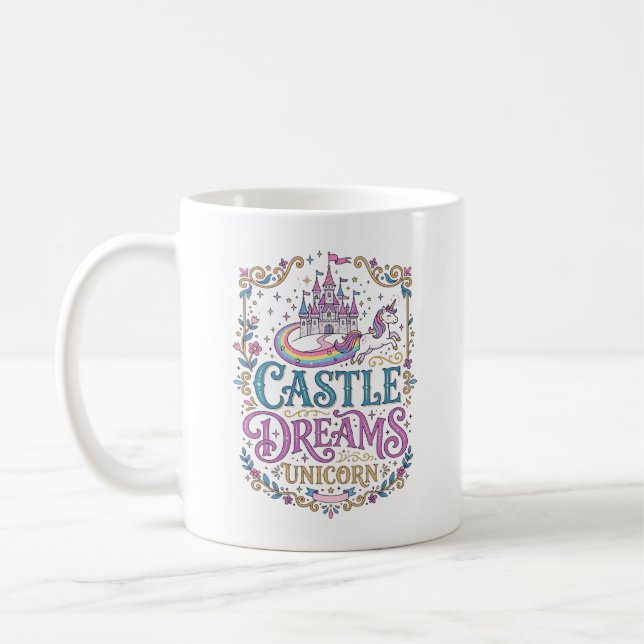 Enhörning Slott Drömmar Enhörning Vit Bakgrund Pri Kaffemugg (Vänster)