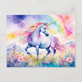 Enhörning som spatserar under en glänsande regnbåg vykort