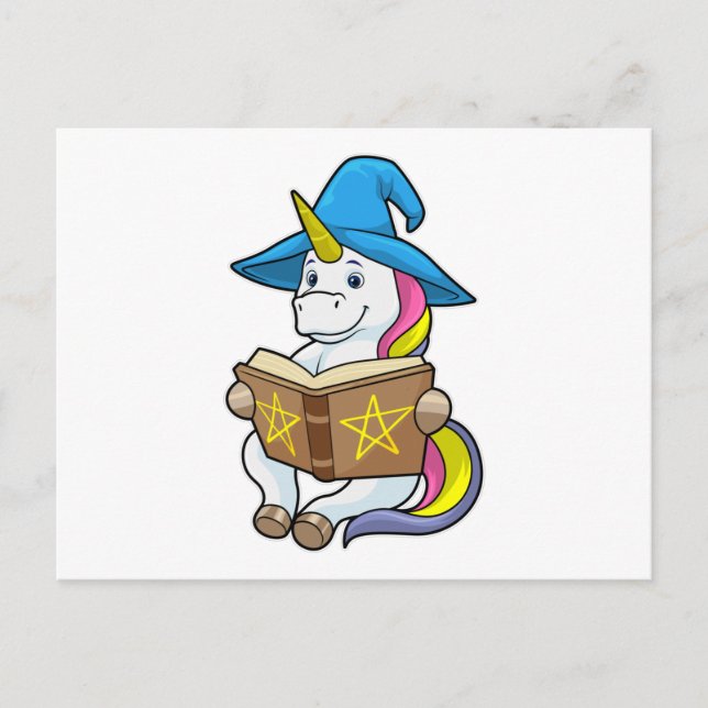 Enhörning som trollkarl med bok och hatt vykort (Framsida)