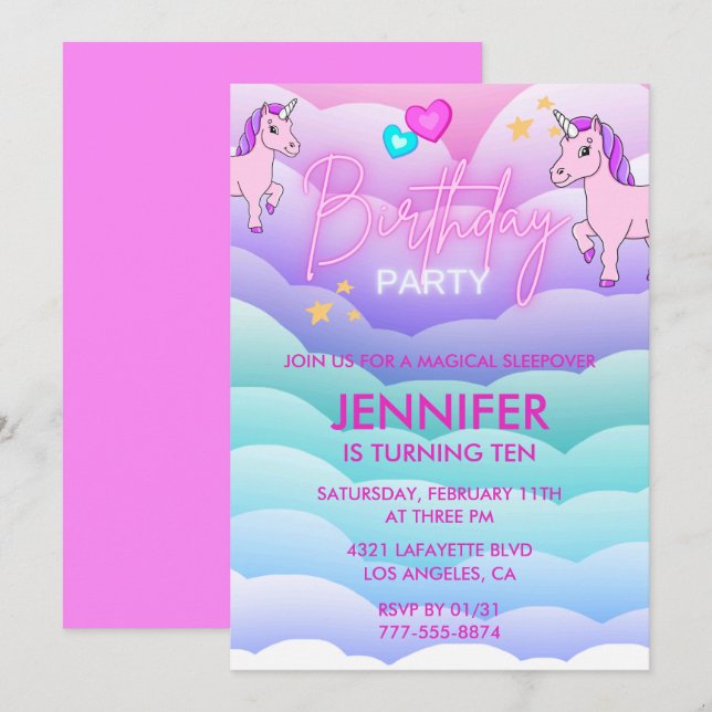 Enhörning Sovmässa Inbjudan 10-årsdag Rosa (Fram/baksida)