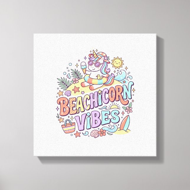 Enhörning Strandhörning Vibbar Whimsical Vit Bakgr Canvastryck (Framsida)
