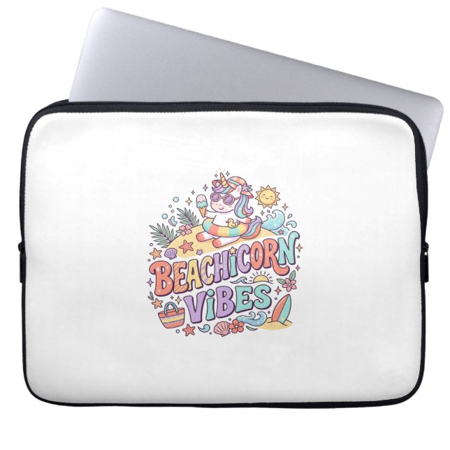 Enhörning Strandhörning Vibbar Whimsical Vit Bakgr Laptop Fodral (Framsidan)