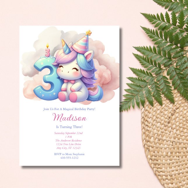 Enhörning Tredje 3:e Rosa Blå Lila Flickas Födelse Inbjudningar (Unicorn 3rd Third Birthday Party Invitation for Girl. Pink Blue Purple, Printed or Instant Digital )