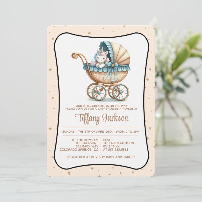 Enhörning vagn baby shower inbjudan (Stående Fram)