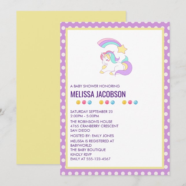 Enhörning vilar & Stjärnfall Baby Shower Inbjudningar (Fram/baksida)
