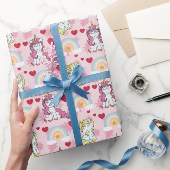 Enhörningar, regnbågar och hjärtmönster presentpapper (Gifting)