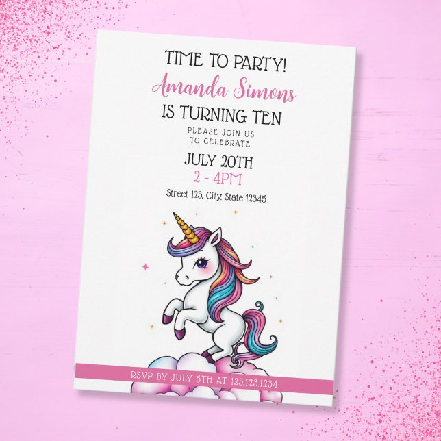 Enhörningflicka med regnbågshår firar 10-årsdag inbjudningar (Skapare uppladdad)