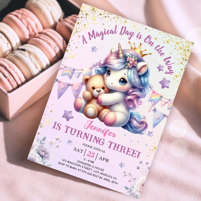 Enhörnings 3-års födelsedagsinbjudan flicka rosa g inbjudningar (#UnicornBirthdayInvitation #UnicornBirthdayInvitationTemplate #UnicornBirthdayInvitationEditable 
)