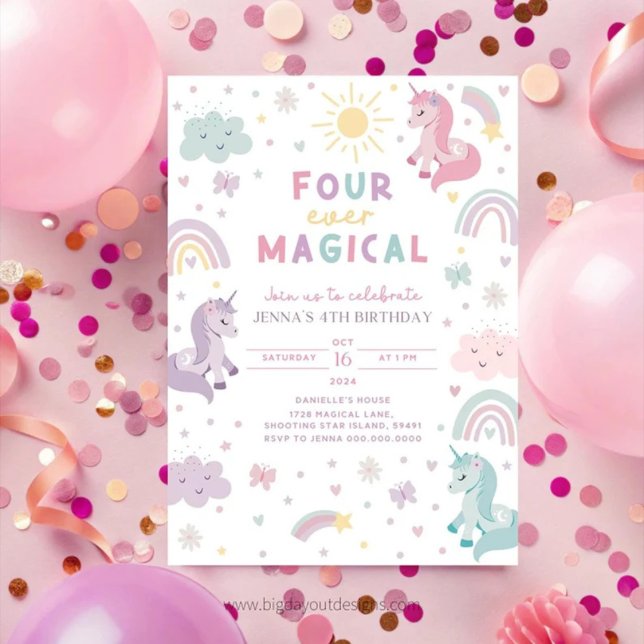 Enhörnings 4-års födelsedagsinbjudan. Redigerbar r Inbjudningar (Unicorn 4th Birthday Invitation)