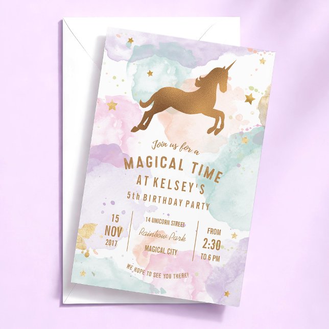 Enhörnings födelsedagsfest inbjudan (rainbow pastel watercolour unicorn birthday party invitation)
