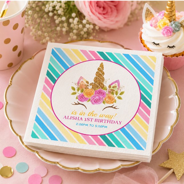 Enhörnings födelsedagsfirande 1-års födelsedagsfes pappersservett (Unicorn Birthday 1st Birthday Party Napkins)
