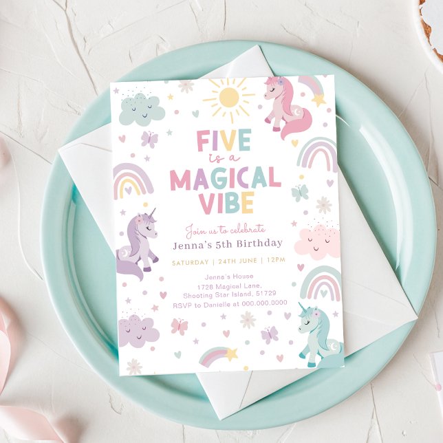 Enhörnings födelsedagsinbjudan inbjudningar (Unicorn 5th Birthday Invitation)