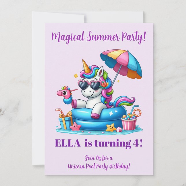 Enhörnings poolparty födelsedagsinbjudan flicka  inbjudningar (Framsida)