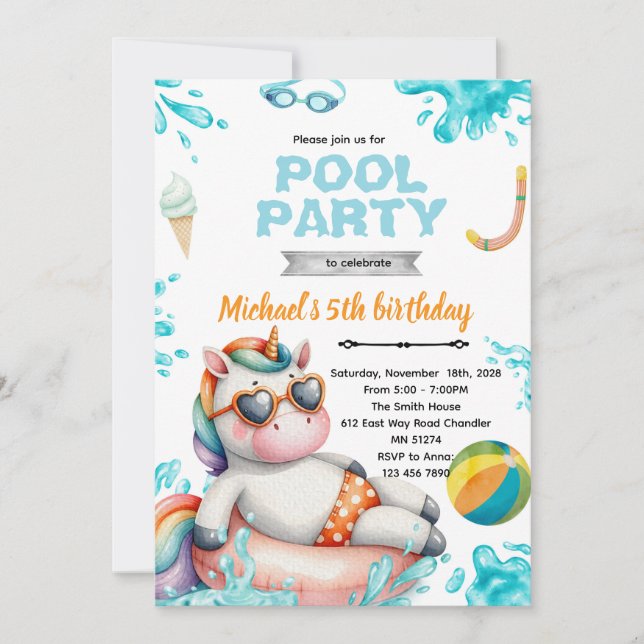 Enhörnings poolparty födelsedagsinbjudan inbjudningar (Framsida)