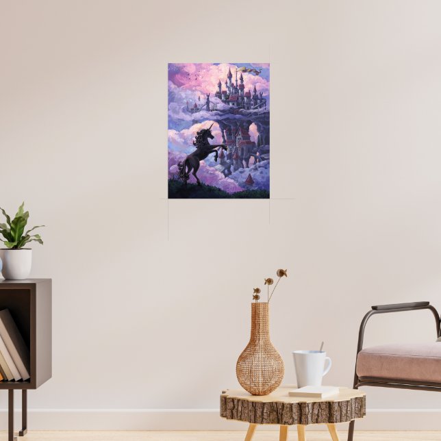 Enhörnings siluett och slott i rosa moln poster (Vardagsrum 3)