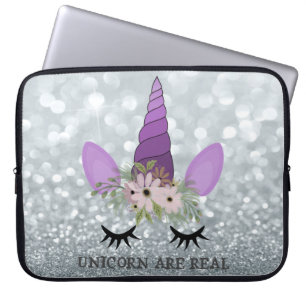 Enhörningsansikte, blomkrona, silver glitter bokeh laptop fodral