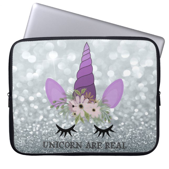 Enhörningsansikte, blomkrona, silver glitter bokeh laptop fodral (Framsidan)
