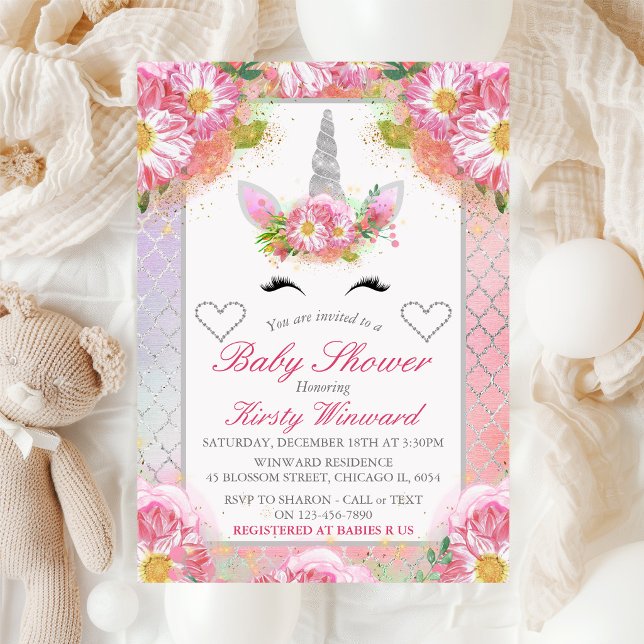 Enhörningsansikte Rosa Silver Baby Shower Inbjudningar (Skapare uppladdad)