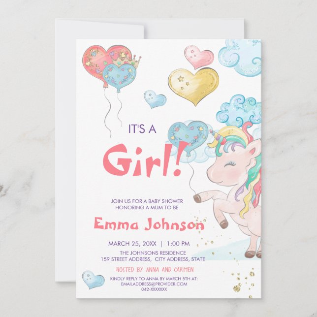 Enhörningsflicka Baby Shower Inbjudningar (Framsida)