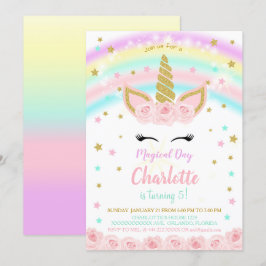 Enhörningsinbjudan med regnbåge och rosa blommor inbjudningar