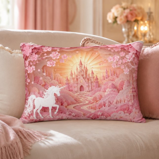 Enhörningslott Accentkudde Prydnadskudde (Pink Unicorn Castle Wall Art | Princess Nursery Print Piloow)