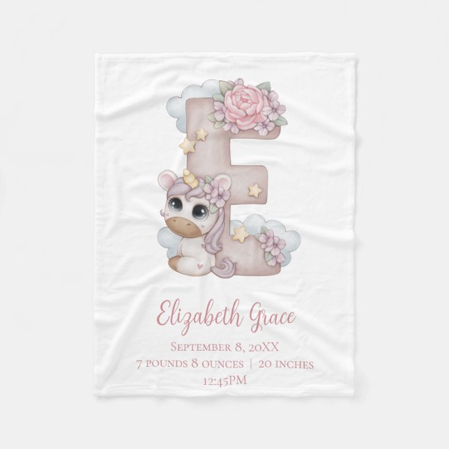 Enhörningsmonogram bokstaven E Rosa present till b Fleecefilt (Framsidan)