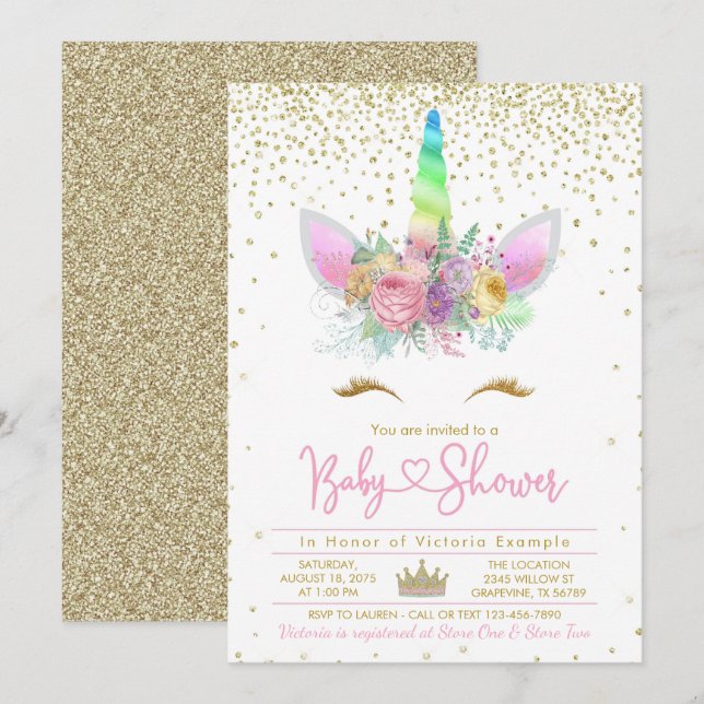 Enhörningsregnbåge Baby Shower Inbjudningar (Fram/baksida)