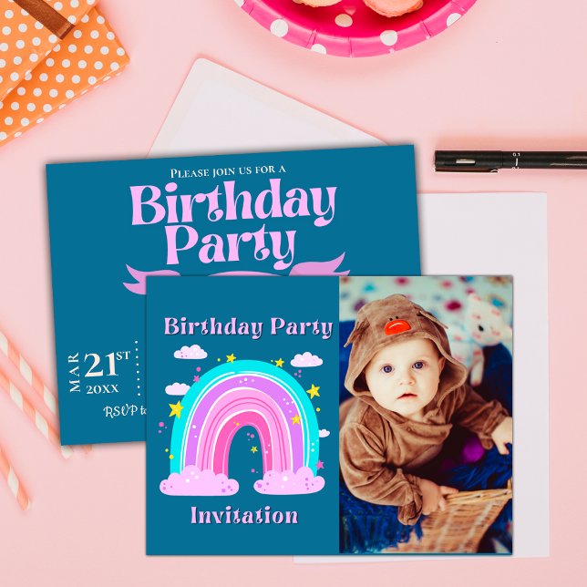Enhörningsregnbåge Foto Barnkalas Inbjudan (Unicorn Rainbow Photo Birthday Party Invitation Postcard)