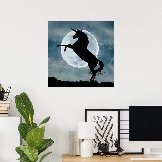Enhörningssilhuett Fullmåne Natt Himmel Poster (Hemmakontoret)
