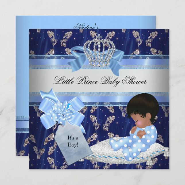 Enic Baby Shower Boy Blue Little Prince Krona Inbjudningar (Fram/baksida)