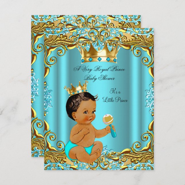 Enic Baby Shower Prince Guld Teal Aqua Inbjudningar (Fram/baksida)