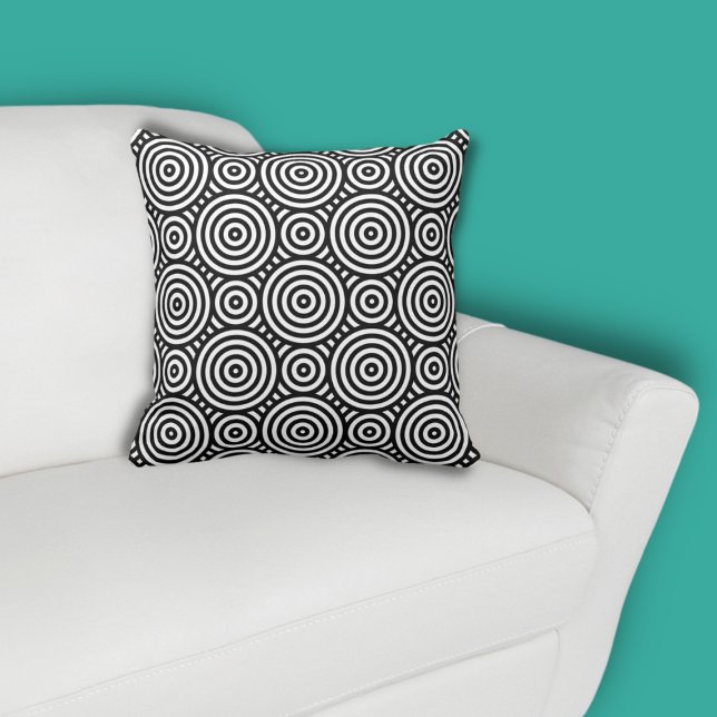 Enic Black Circle Mönster White Kudde (Ethnic Nested Circle Black Pattern on White Throw Pillow, color customization possible)