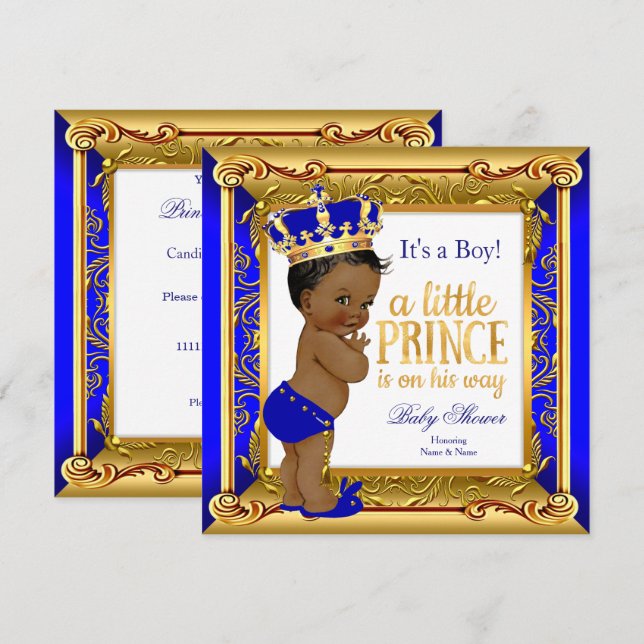 Enic Prince Baby Shower Blue Faux Guld Inbjudningar (Fram/baksida)